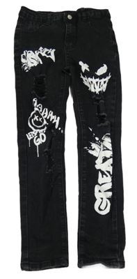 Čierne skinny rifle s nápismi a smajlíkom a vyšúchaním SHEIN