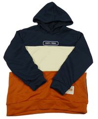 Tmavomodro-smetanovo-medová mikina s nápismi a kapucňou SHEIN