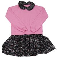 Růžovo-černé teplákovo/mačkané šaty s květy a límečkem F&F