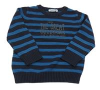 Tmavomodro-modrý pruhovaný sveter s nápismi impidimpi