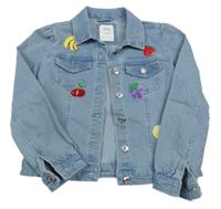 Svetlomodrá tepláková rifľová crop bunda s ovociem a jahůdkou a golierikom sinsay