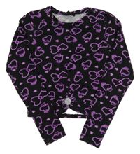 Černé crop triko s fialovými srdíčky New Look