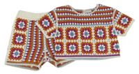 2Set - Bielo-modro-tehlovo-višňové vzorované ažurové plené crop tričko + kraťasy Matalan