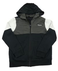 Černo-tmavošedo-bílá propínací mikina s nášivkou a kapucí George