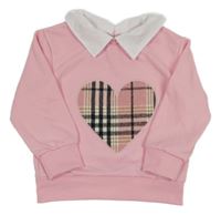 Ružová mikina s kostkovaným srdcem a golierikom Shein