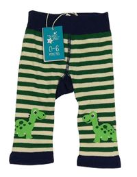 Nové - Zeleno-béžovo-tmavomodré pruhované punčocháče bez šlapiček s dinosaury Blade&Rose