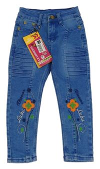 Nové - Modré skinny rifle s výšivkami květin