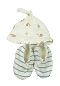 2set - Smetanová bavlněná čepice s ovcemi + bílo-zelené pruhované textilní capáčky vel. 18