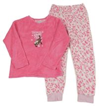 Neonově růžovo-bílé chlupaté pyžamo s opicí Primark