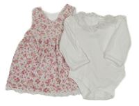 2set - Bílo-růžové květované sametové šaty + bílé body s límečkem s madeirou Nutmeg