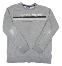 Sivá melírovaná mikina s nápisom a pruhmi Jack & Jones