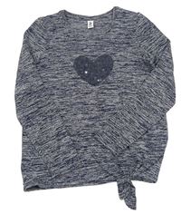 Tmavomodro-sivý melírovaný pletený ľahký sveter so srdcem z flitrů Yigga