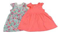2x šaty - neonové korálové + bílo-zelené květované s plameňáky Primark