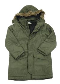 Khaki šusťákový zimní kabát s kapucí s kožešinou H&M
