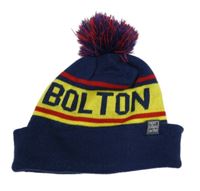 Tmavomodro-žlutá pletená čepice s nápisem a bambulí 