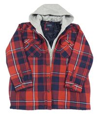 Červeno-tmavomodrá kostkovaná zateplená košilová bunda s teplákovou kapucí Next