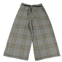 Čierno-bielo-horčicové kockované široké nohavice s opaskom F&F