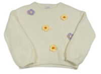 Smetanový chlupatý svetr s květy Primark