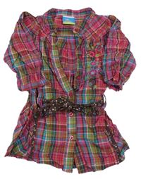 Růžovo-modro-zelená kostkovaná halenka s páskem a výšivkami Topolino