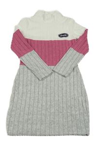 Sivo-ružovo-biele úpletové rebrované šaty