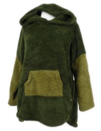 Dámská khaki-zelená chlupatá oversized mikina s kapucí 