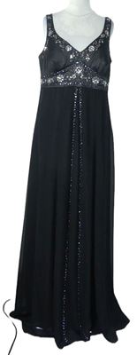 Dámske čierne saténovo-šifónové dlhé spoločenské šaty s korálkami Debut