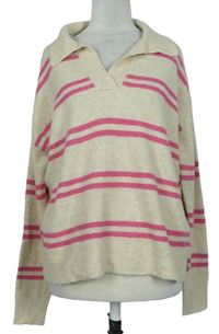 Dámsky béžovo-ružový pruhovaný sveter s golierikom Tu