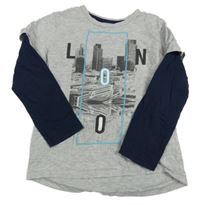 Šedo-tmavomodré triko s městem a nápisem Bluezoo