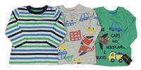 Nové - 3x triko - zelené + šedé s auty + pruhované Dunnes