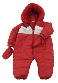 Červeno-šedá šusťáková zimní kombinéza s kapucí + rukavice 