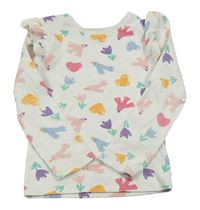 Biele rebrované tričko s vtáčky a volánikmi F&F