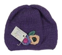 Nové - Fialovo-šedá pletená čepice s kytičkami  