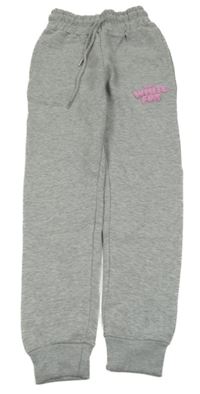 Šedé melírované tepláky s růžovým nápisem 