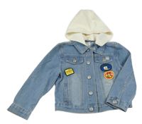 Modrá riflová bunda s nášivkami a teplákovou kapucí Primark