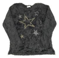 Tmavosivý chlpatý sveter s hviezdami H&M
