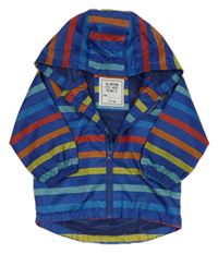 Tmavomodro-farebná pruhovaná šušťáková jarná bunda s kapucňou