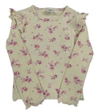 Béžové žebrované triko s kytičkami a volánky Kiki&Koko