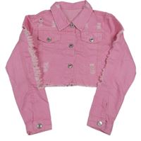 Ružová rifľová crop bunda s vyšúchaním
