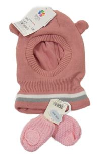 Nové - 2set - Růžová pletená podšitá kukla + rukavice George 