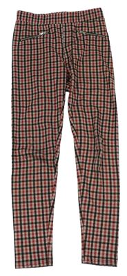 Béžovo-tmavohnědo-malinové kockované tregínové nohavice so zipy page one young
