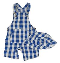 2Set - Cobaltově modro-bílé kostkované plátěné laclové kraťasy s kapsou + klobouk F&F