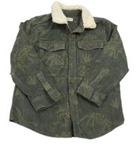 Khaki menšestrová košeľová bunda s kostrami dinosaurů a huňatým golierikom F&F