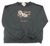 Nové - tmavošedá mikina s kytičkami a nápisy ZEEMAN