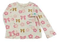 Nové - smotanové rebrované tričko s kvetmi a mašľami Garanimals