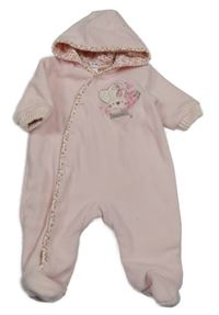 Svetloružová fleecová podšitá kombinéza so zajačikom a srdiečkami a kapucňou mini mode