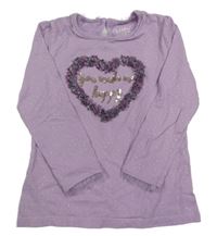 Levandulové puntíkaté triko se srdíčkem s nápisy z flitrů a volánky C&A