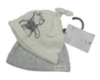 Nové - 2x - Žebrovaná čepice - Bílá s Pú, šedá melírovaná Disney