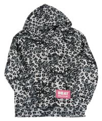 Svetlošedá -bielo-tmavošedo-čierna vzorovaná tepláková mikina s nášivkou a kapucňou BEAT