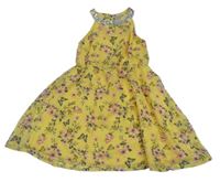 Žlté šifónové šaty s kvietkami a motýlikmi a flitrami Kiki&Koko
