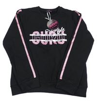 Nové - černá crop mikina s logem a růžovými třpytivými pruhy GURU